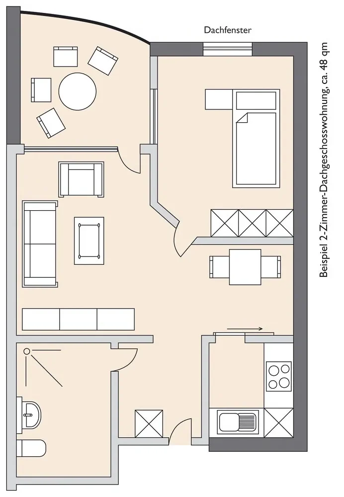 Beispiel 2-Zimmer-Dachgeschosswohnung, ca. 48qm