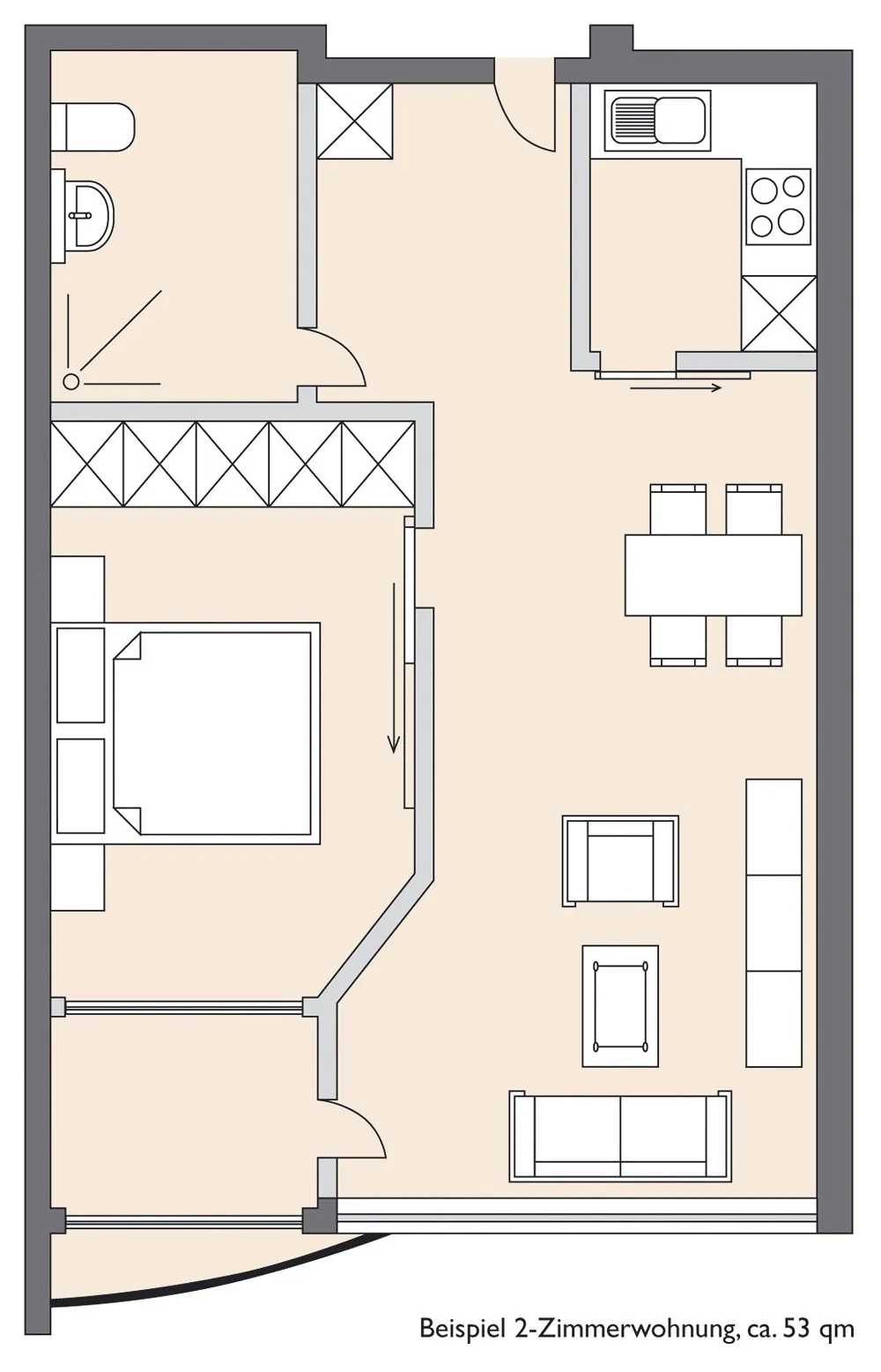 Beispiel 2-Zimmerwohnung, ca. 53qm